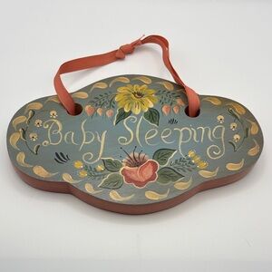 Vintage Hand Painted Floral Baby Sleeping Hanging Door Sign Plaque Folk Art